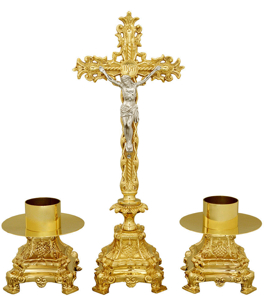 Antique bronze altar church candle holders crucifix set religious rare